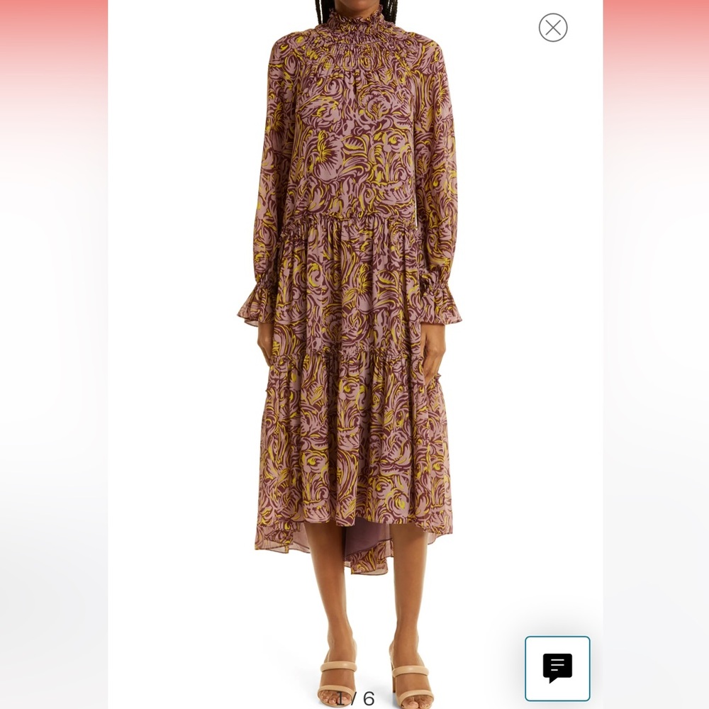 Cinq a Sept Amari Rose Print Long Sleeve Chiffon Midi Dress